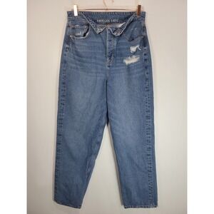 American Eagle Fold-Over Waist Distressed Mom Jeans Blue Button Fly Sz 14 Reg